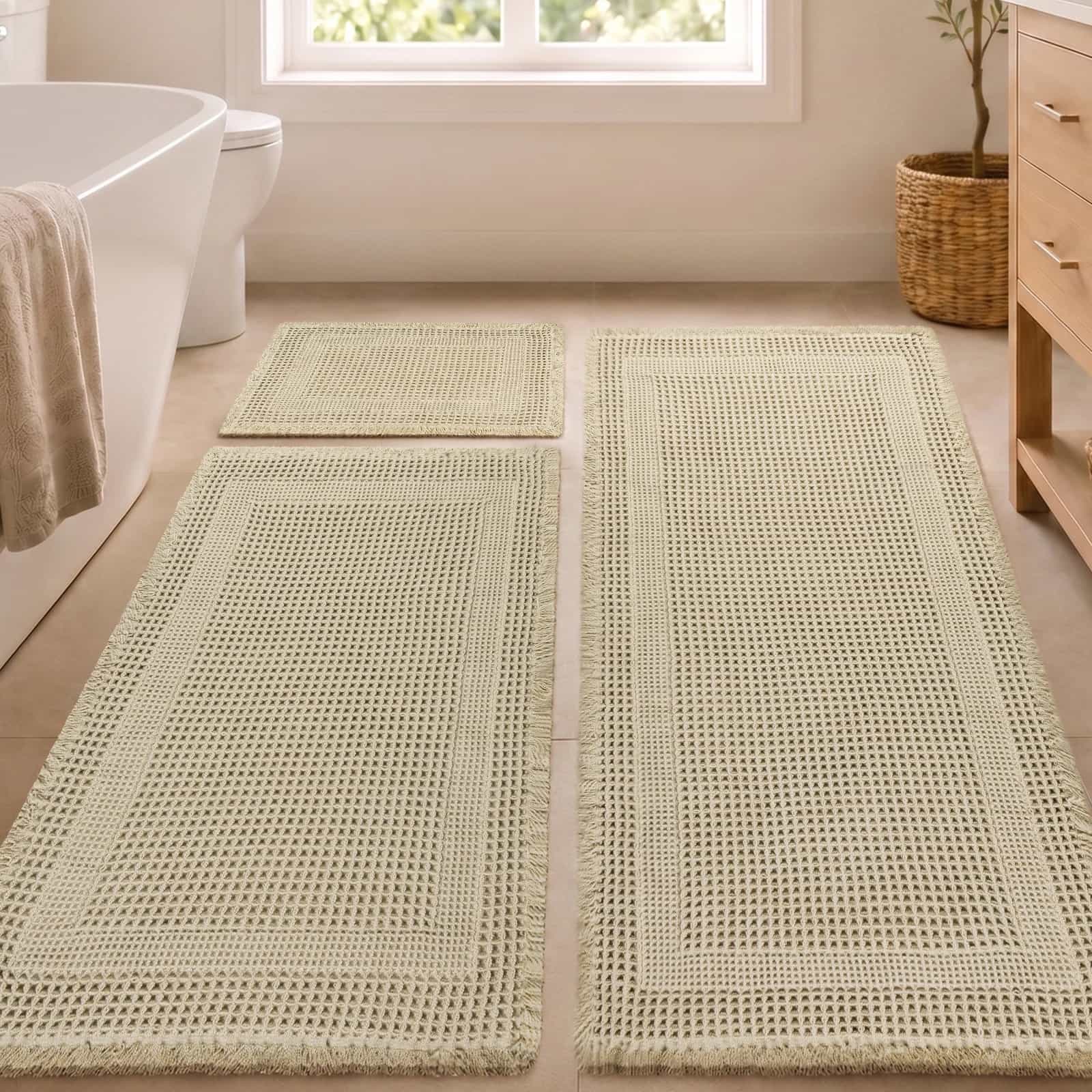 Waffle Bath Mat Set 3 Piece, Non Slip Bathroom Rugs, Super Absorbent Quick Dry Bath Mats, Machine Washable Boho Bathroom Rug Set with Tassels
